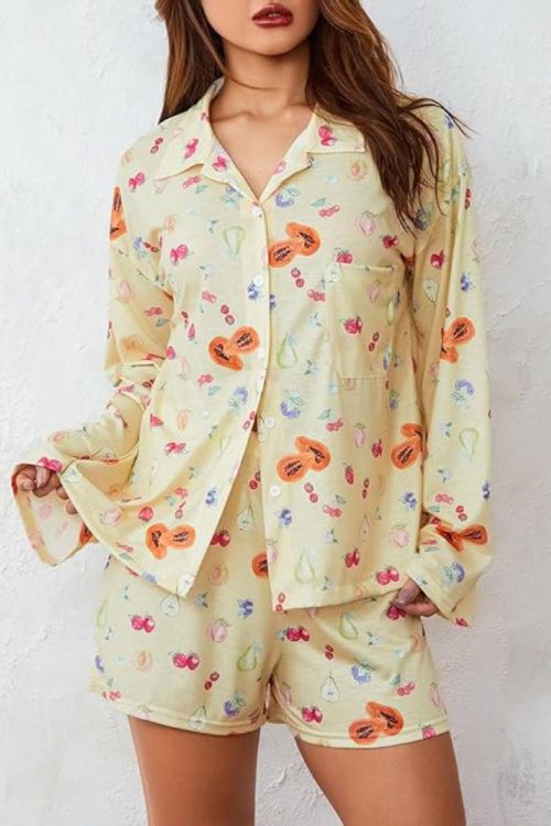 Printed Long Sleeves Button Shirt Shorts Set