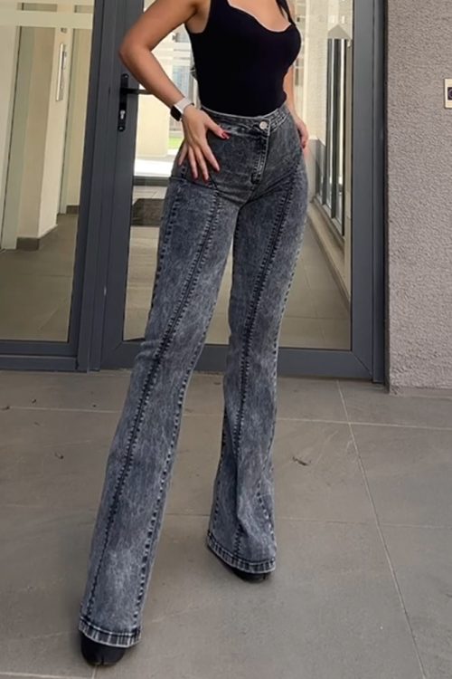 Women's Bell Bottom High Waisted Pull On Skinny Straight Fit Flare Denim Jeans