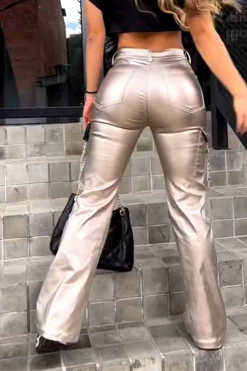 Women's Faux Leather Cargo Pants with Pockets High Waisted Y2K Relaxed Pant (Pre-Sale)