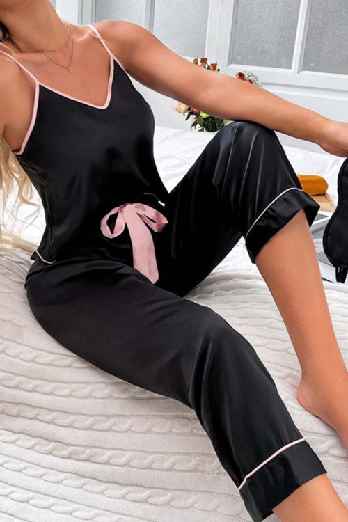 Women's Silk Satin Pajama 2 Piece Outfits Sleeveless Tank Crop Top and Wide Leg Pants Set