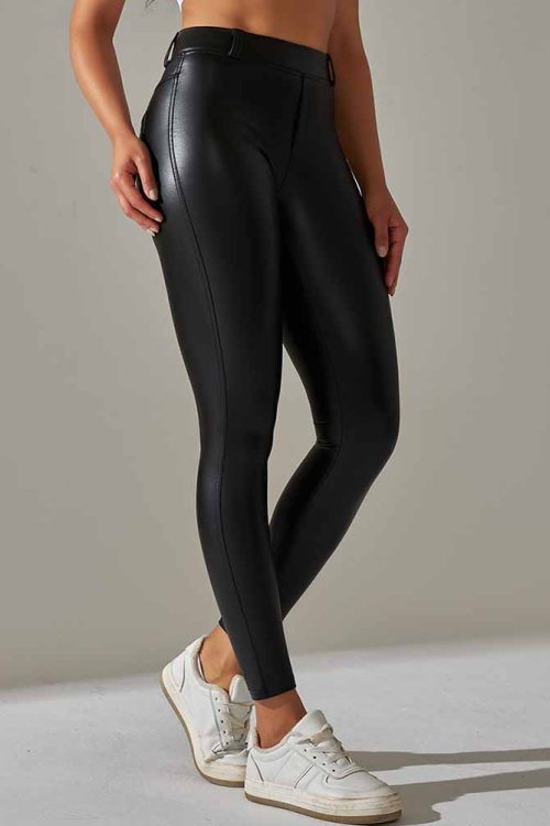 Pocket Pu Leather Pants With Tight Belly And High Waist