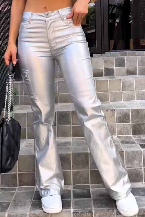 Women's Faux Leather Cargo Pants with Pockets High Waisted Y2K Relaxed Pant (Pre-Sale)