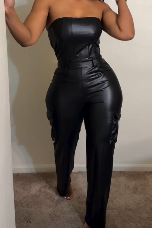 Sexy Strapless Tube Top Tight Waist Pu Leather Jumpsuit