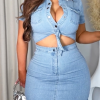 Womens Sexy 2 Pieces Denim Outfits Button Shirt Package Hip Denim Dress Set (Pre-Sale)