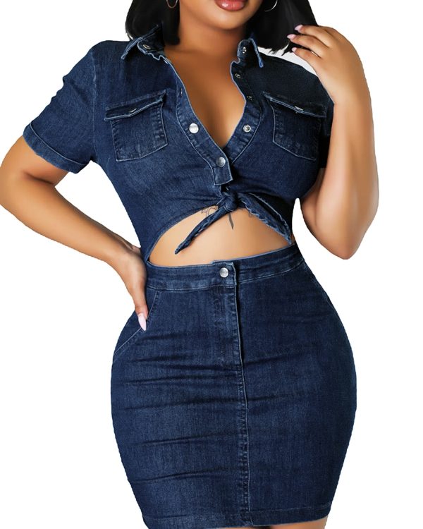 Womens Sexy 2 Pieces Denim Outfits Button Shirt Package Hip Denim Dress Set