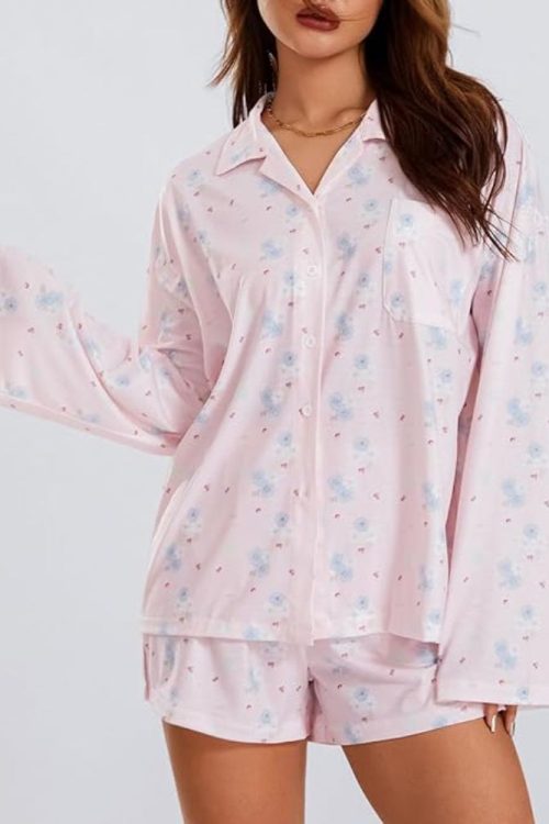 Printed Long Sleeves Button Shirt Shorts Set
