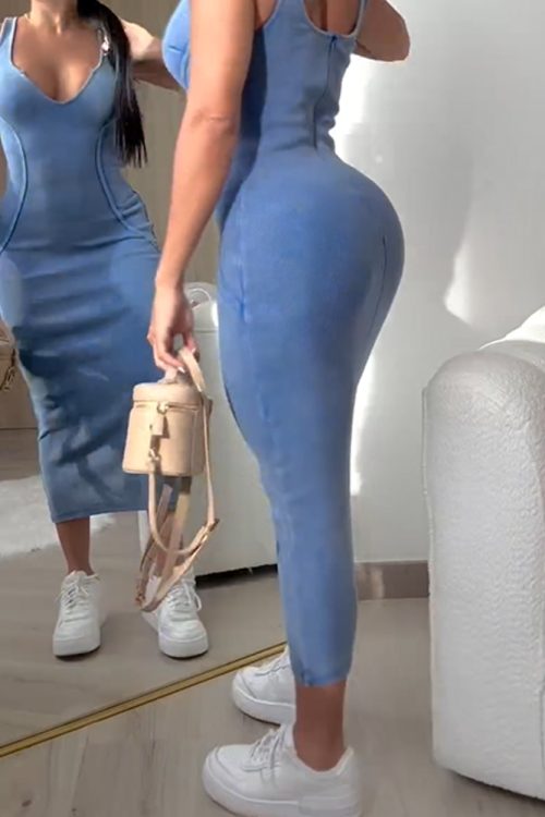 Washed Fabric Stretch Wrap Buttock Dress