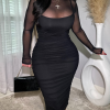 Women's Ruched Mesh Sheer Mock Neck Long Sleeve Midi Bodycon Dress