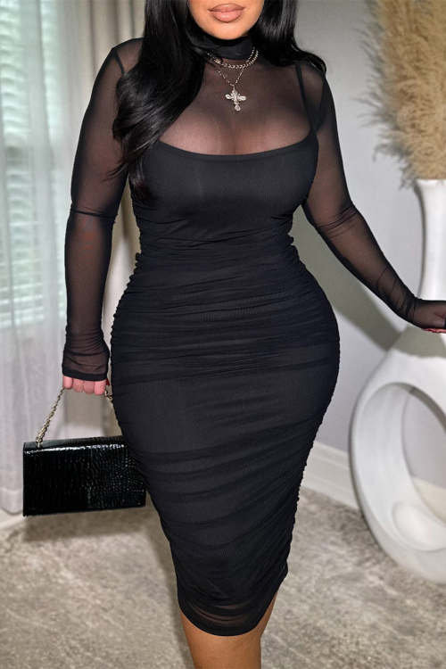 Women's Ruched Mesh Sheer Mock Neck Long Sleeve Midi Bodycon Dress