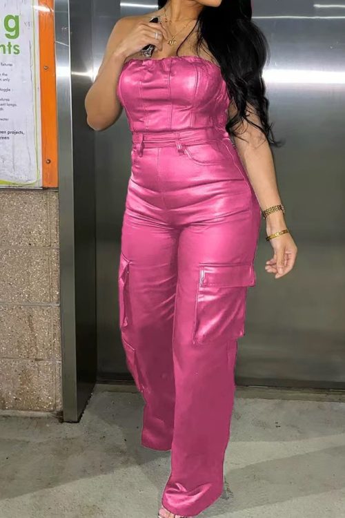 Sexy Strapless Tube Top Tight Waist Pu Leather Jumpsuit