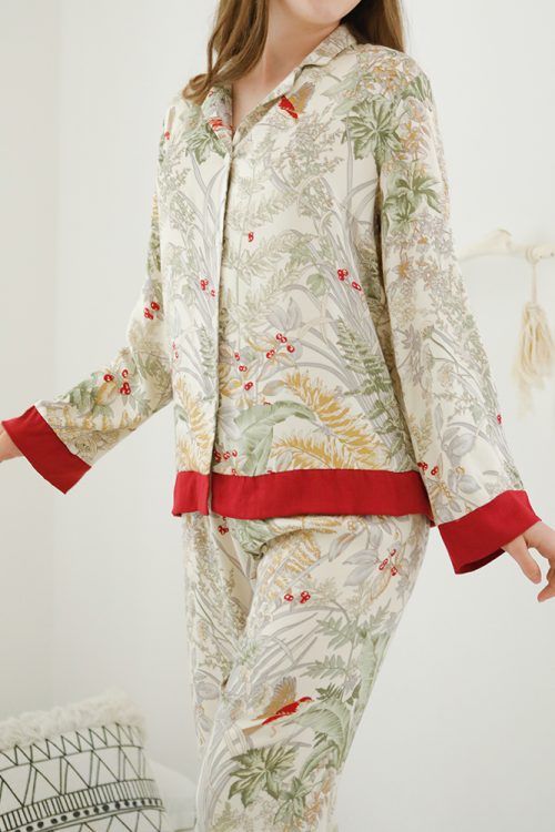 Contrast Color Plant Ice Silk Pajamas Set