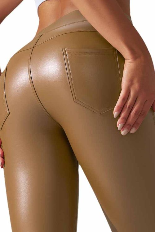 Pocket Pu Leather Pants With Tight Belly And High Waist