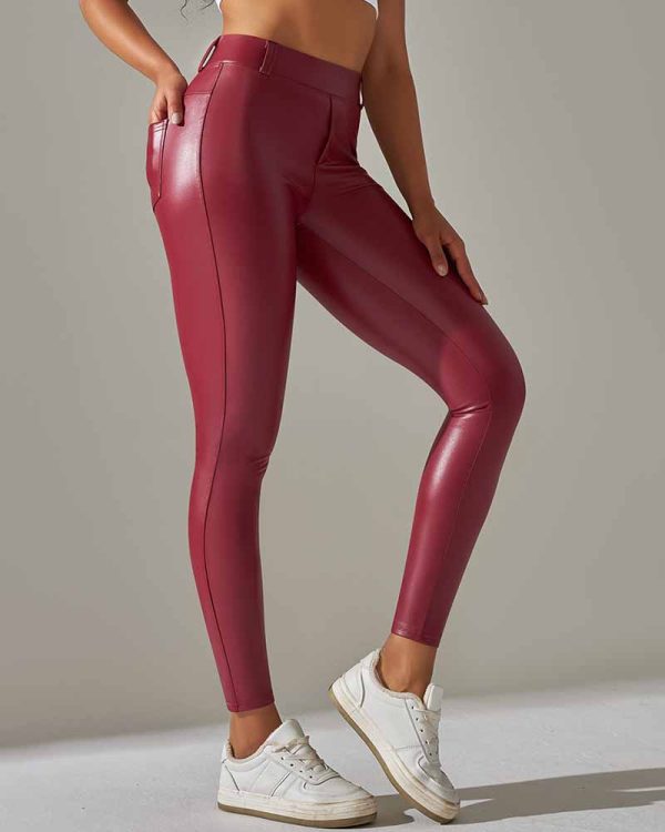 Pocket Pu Leather Pants With Tight Belly And High Waist