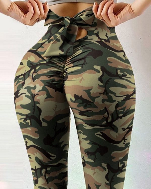 Printed Bow Design Yoga Leggings-curvy-faja