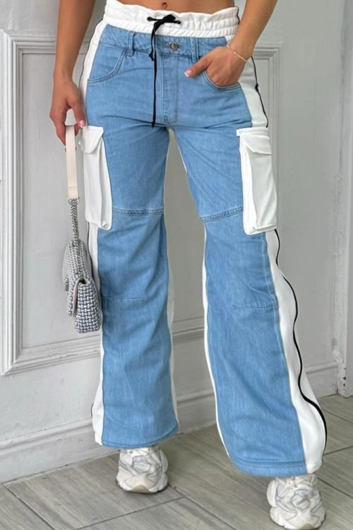 Patchwork Cargo Jeans With Lace-Up