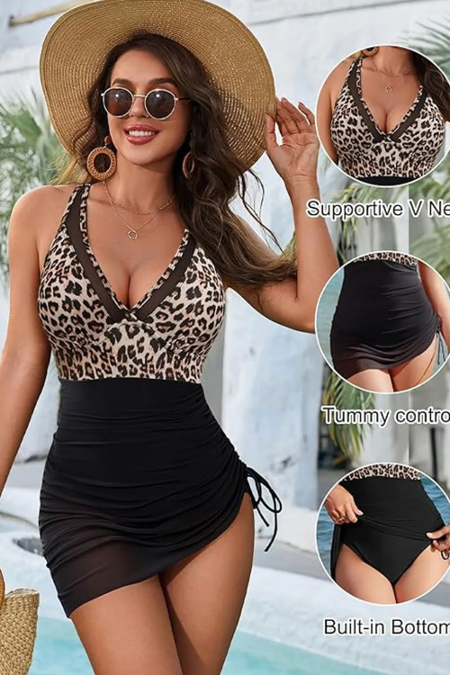 Tummy Control Mesh Sheer Sarong Wraps Women One Piece Swim Dress