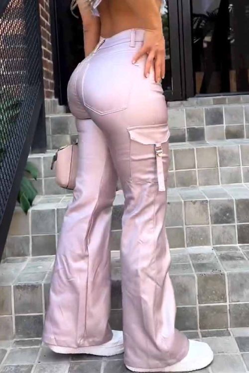 Women's Faux Leather Cargo Pants with Pockets High Waisted Y2K Relaxed Pant (Pre-Sale)