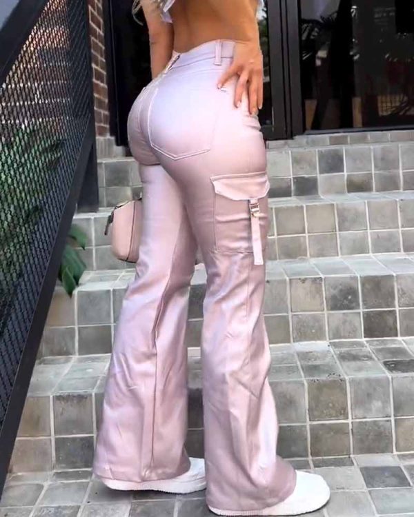 Women's Faux Leather Cargo Pants with Pockets High Waisted Y2K Relaxed Pant (Pre-Sale)