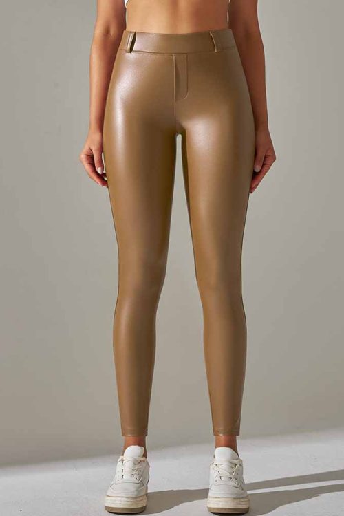 Pocket Pu Leather Pants With Tight Belly And High Waist