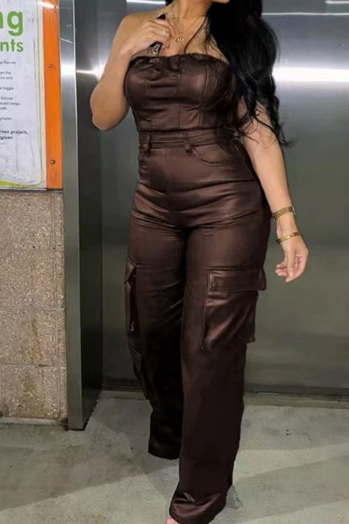 Sexy Strapless Tube Top Tight Waist Pu Leather Jumpsuit