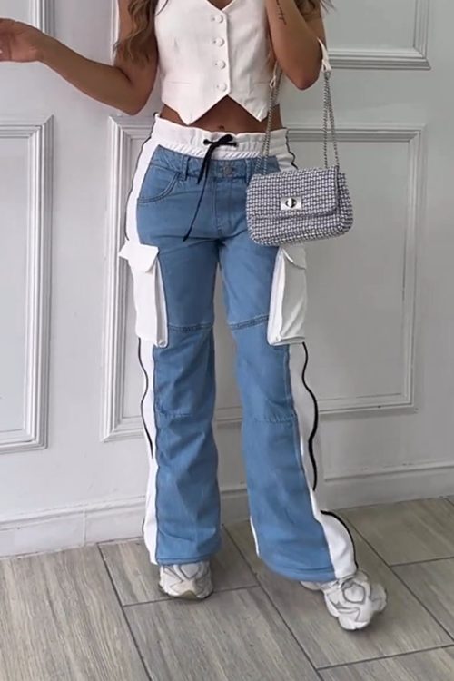 Patchwork Cargo Jeans With Lace-Up (Pre-Sale)