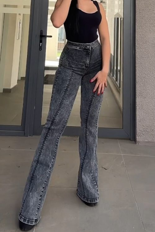 Women's Bell Bottom High Waisted Pull On Skinny Straight Fit Flare Denim Jeans