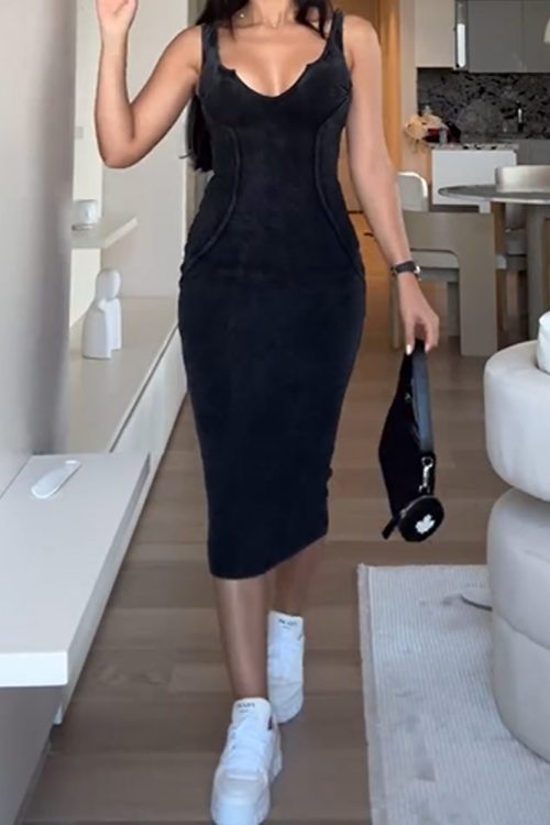 Washed Fabric Stretch Wrap Buttock Dress