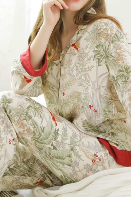 Contrast Color Plant Ice Silk Pajamas Set