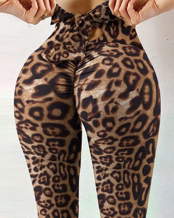 Printed Bow Design Yoga Leggings-curvy-faja