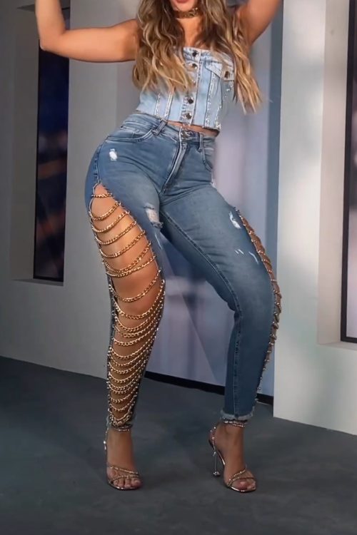 Women's Denim Pencil Pants High Wasit Destroyed Trendy High Broken Hole Chain Criss Cross Long Jean Trousers