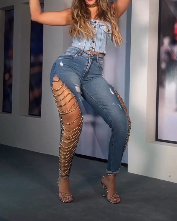 Women's Denim Pencil Pants High Wasit Destroyed Trendy High Broken Hole Chain Criss Cross Long Jean Trousers
