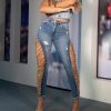 Women's Denim Pencil Pants High Wasit Destroyed Trendy High Broken Hole Chain Criss Cross Long Jean Trousers
