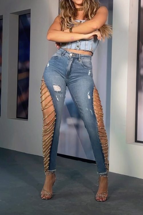 Women's Denim Pencil Pants High Wasit Destroyed Trendy High Broken Hole Chain Criss Cross Long Jean Trousers