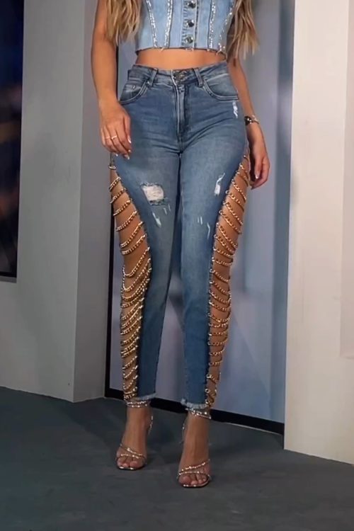 Women's Denim Pencil Pants High Wasit Destroyed Trendy High Broken Hole Chain Criss Cross Long Jean Trousers