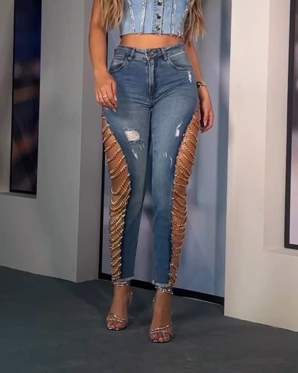 Women's Denim Pencil Pants High Wasit Destroyed Trendy High Broken Hole Chain Criss Cross Long Jean Trousers