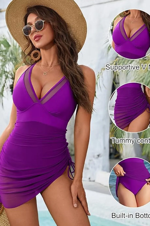 Tummy Control Mesh Sheer Sarong Wraps Women One Piece Swim Dress