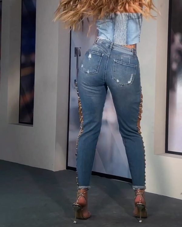 Women's Denim Pencil Pants High Wasit Destroyed Trendy High Broken Hole Chain Criss Cross Long Jean Trousers
