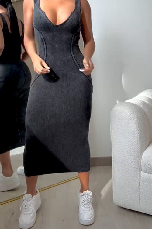 Washed Fabric Stretch Wrap Buttock Dress