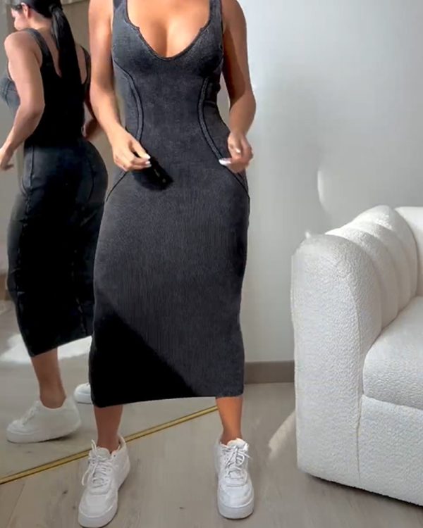 Washed Fabric Stretch Wrap Buttock Dress