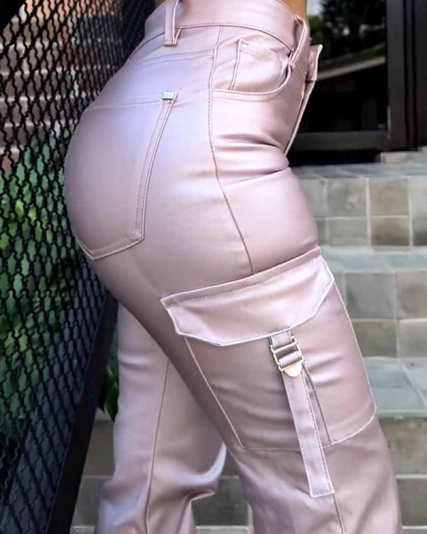Women's Faux Leather Cargo Pants with Pockets High Waisted Y2K Relaxed Pant (Pre-Sale)