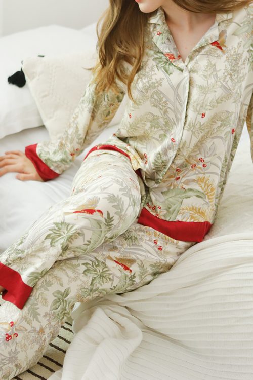 Contrast Color Plant Ice Silk Pajamas Set