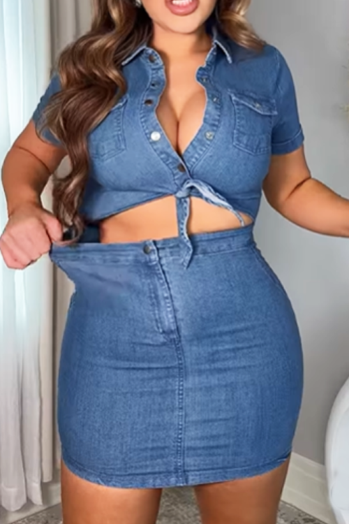 Womens Sexy 2 Pieces Denim Outfits Button Shirt Package Hip Denim Dress Set (Pre-Sale)