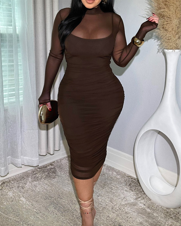 Women's Ruched Mesh Sheer Mock Neck Long Sleeve Midi Bodycon Dress