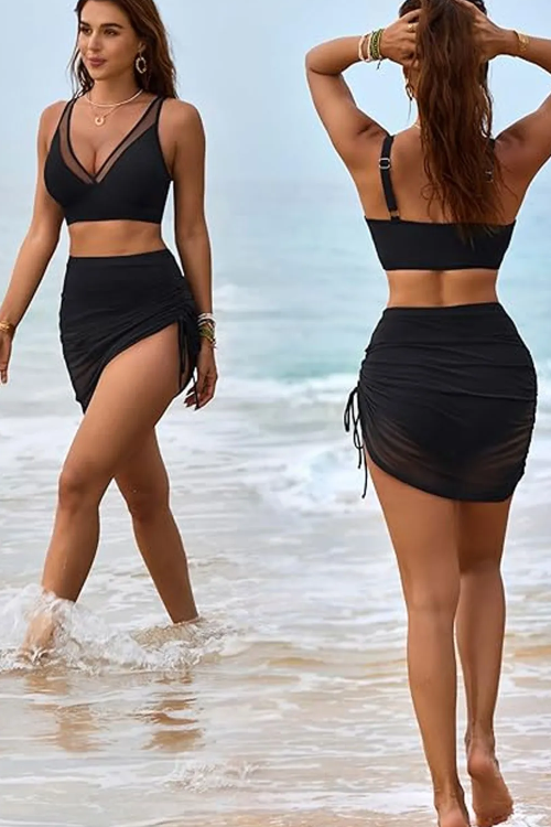 Swim Skirt High Waisted Bikini Sets Tummy Control Swimsuits Mesh Sarong Wraps Bathing Suits