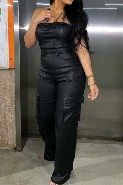 Sexy Strapless Tube Top Tight Waist Pu Leather Jumpsuit