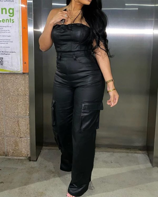 Sexy Strapless Tube Top Tight Waist Pu Leather Jumpsuit